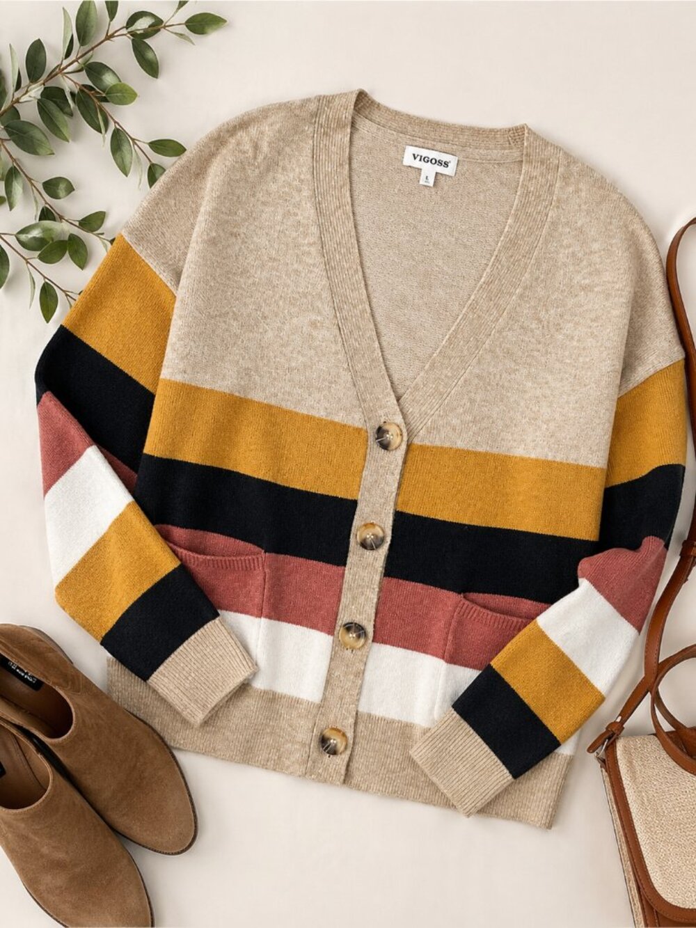 Vigoss Colorblock Cardigan Sweater Large Neutral Mustard Pink Button Front